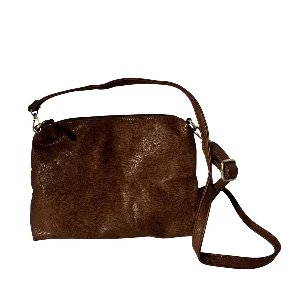 JOY Susan Faux Leather‎ Crossbody Bag Brown Textured Adjustable Strap Zip Boho